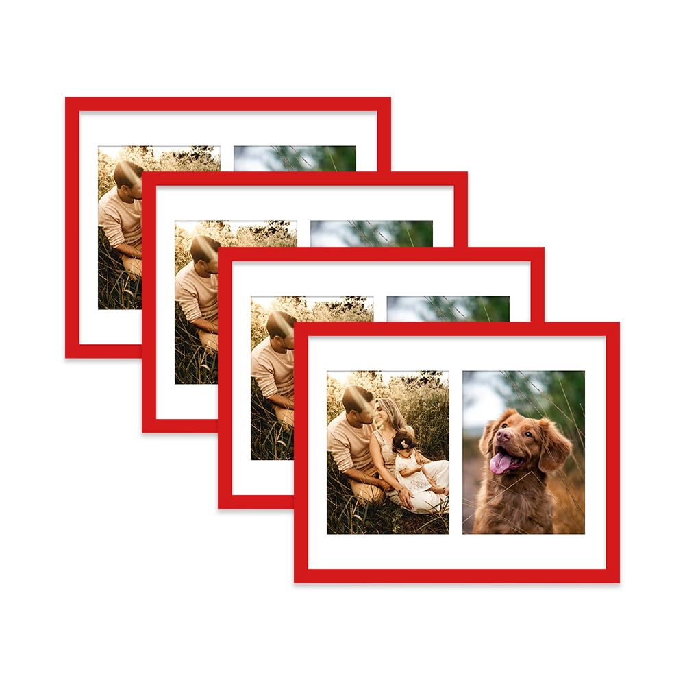 Red Multi Photo Frame - Holds 2 x 8x6 Pictures, Family Collage Picture Frame for Wall Display, 14x11 Frame size, Set of 4