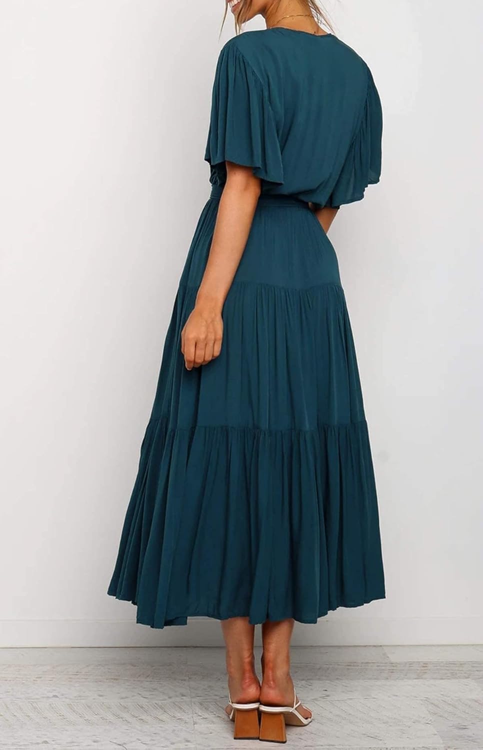 R.Vivimos Summer Dress for Women Cotton Ruffle Short Sleeves V Neck Casual Flowy Midi Dress with Belt - Image 5