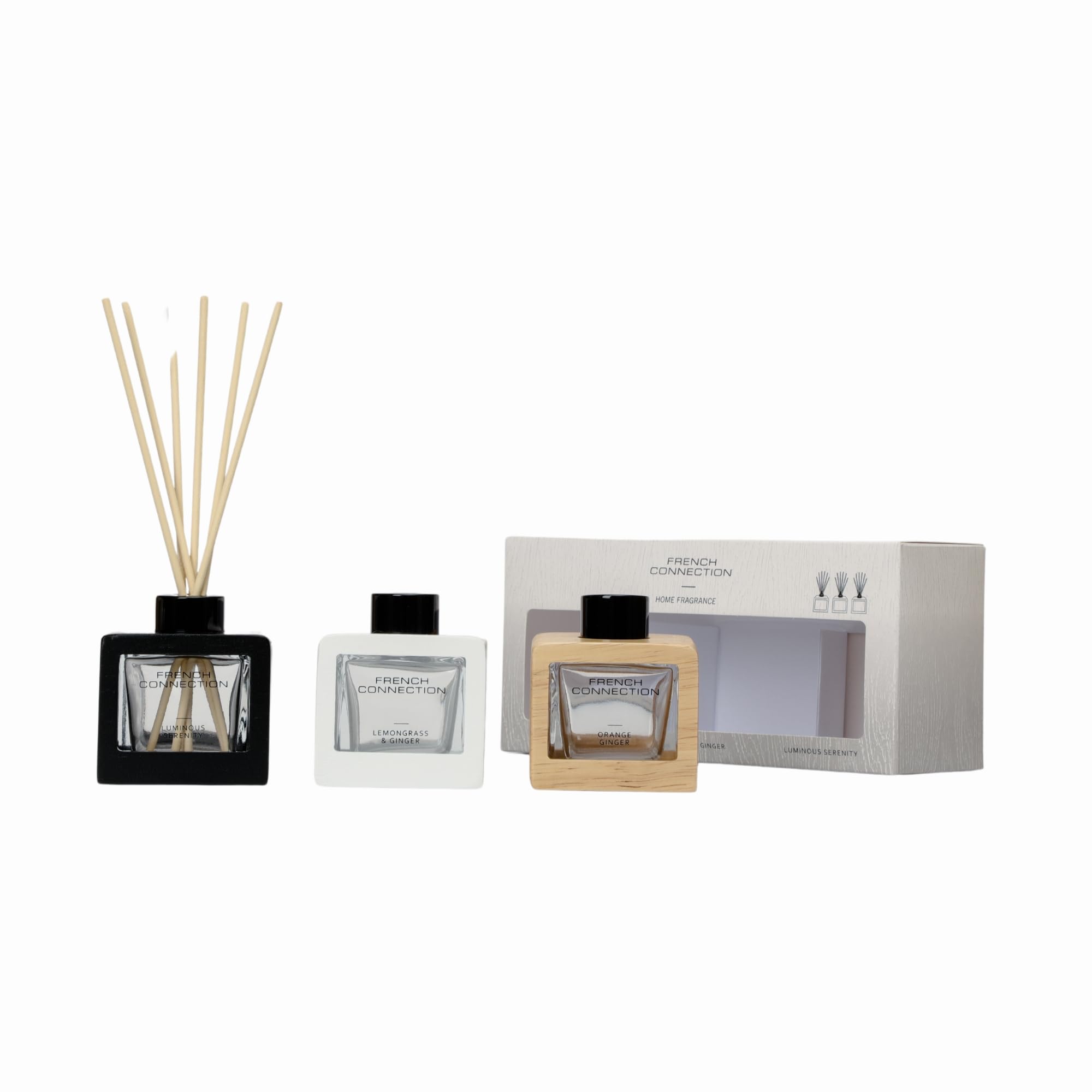 French Connection Wooden Surround Trio Reed Diffuser Gift Set | 3 x 50ml | Lemongrass & Ginger, Orange & Ginger, Luminous Serenity | 15% Fragrance Oil | Elegant Home Fragrance & Luxury Gift
