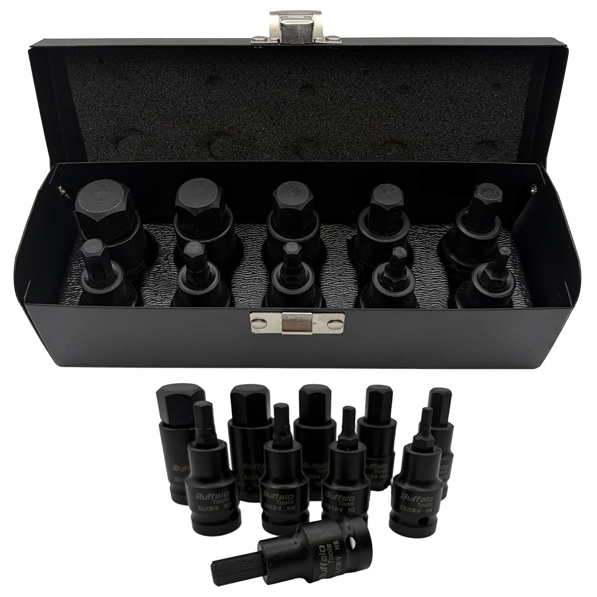 Buffalo Tools 10pc Impact HEX BIT Socket Set 1/2" Drive 4mm to 19mm Allen Key in Metal Case