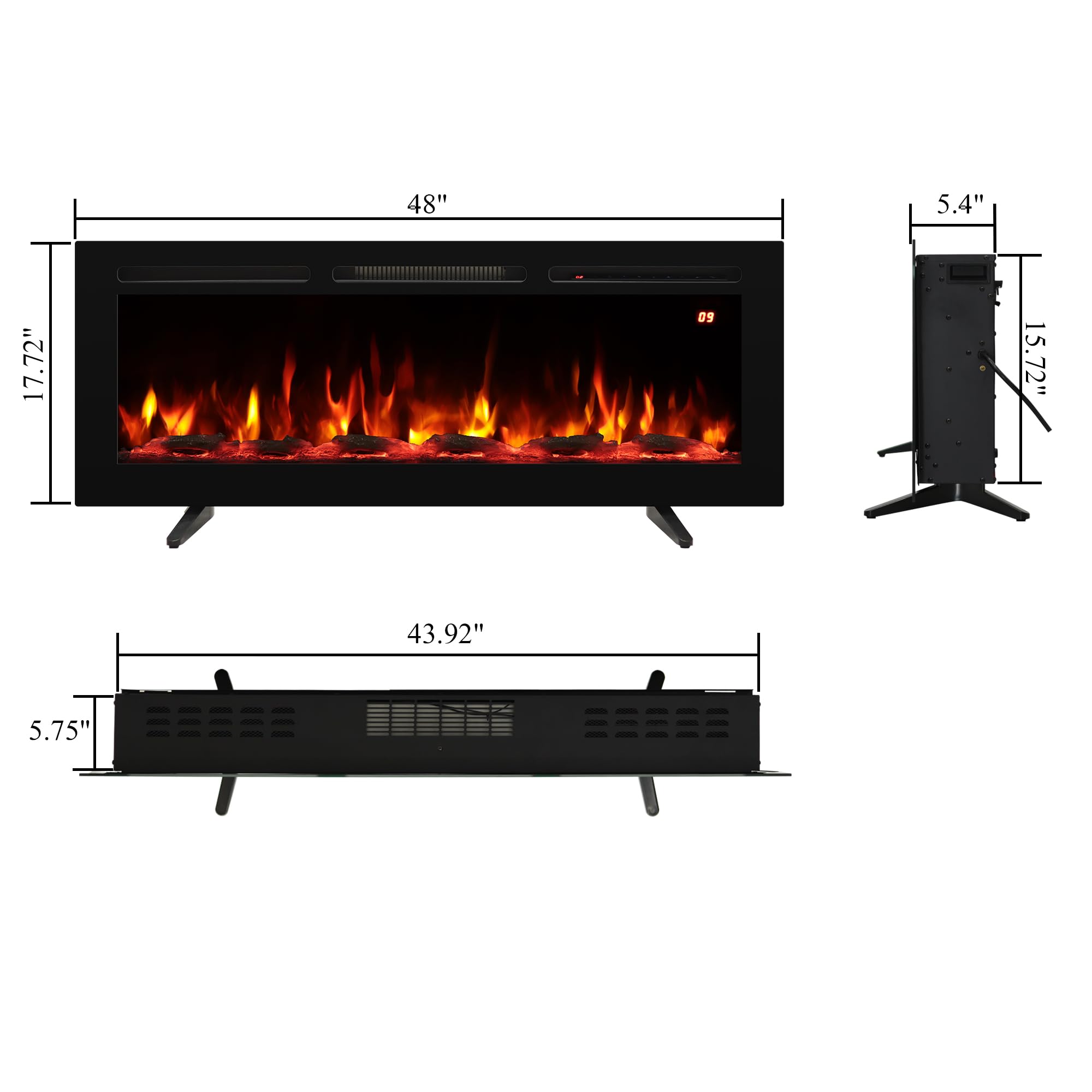 48 Inch Wall Mounted/Recessed/Freestanding Electric Fireplace Inserts?3 in 1 Electric Fireplace with 4 Solid Flame Colors & 10 Mixed Flame Colors,1-9H Timer, 750w/1500w