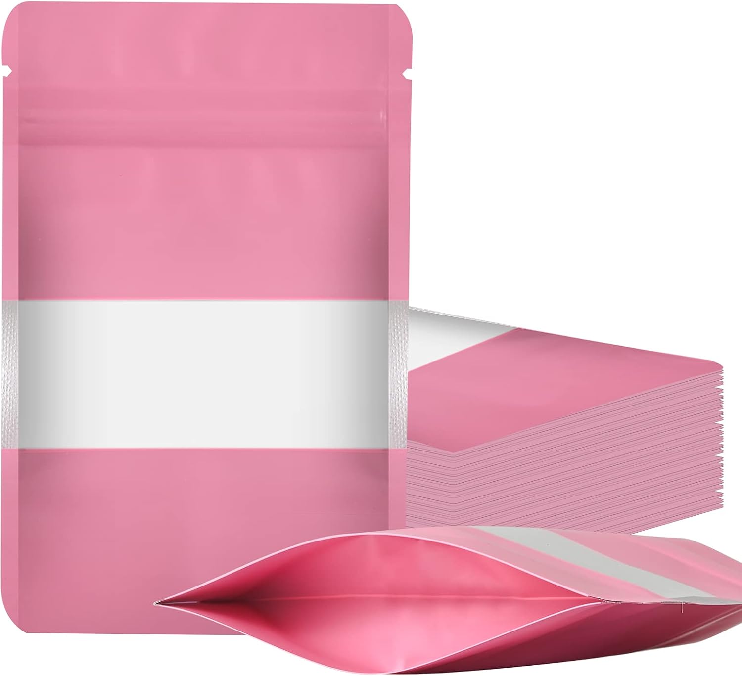 100 Pieces Smell Proof Mylar Bags, Resealable Food Storage Bags with Clear Window, Foil Pouch Stand-up Bags for Food Self Sealing Storage Supplies (Pink, 3.5 x 5 Inch)