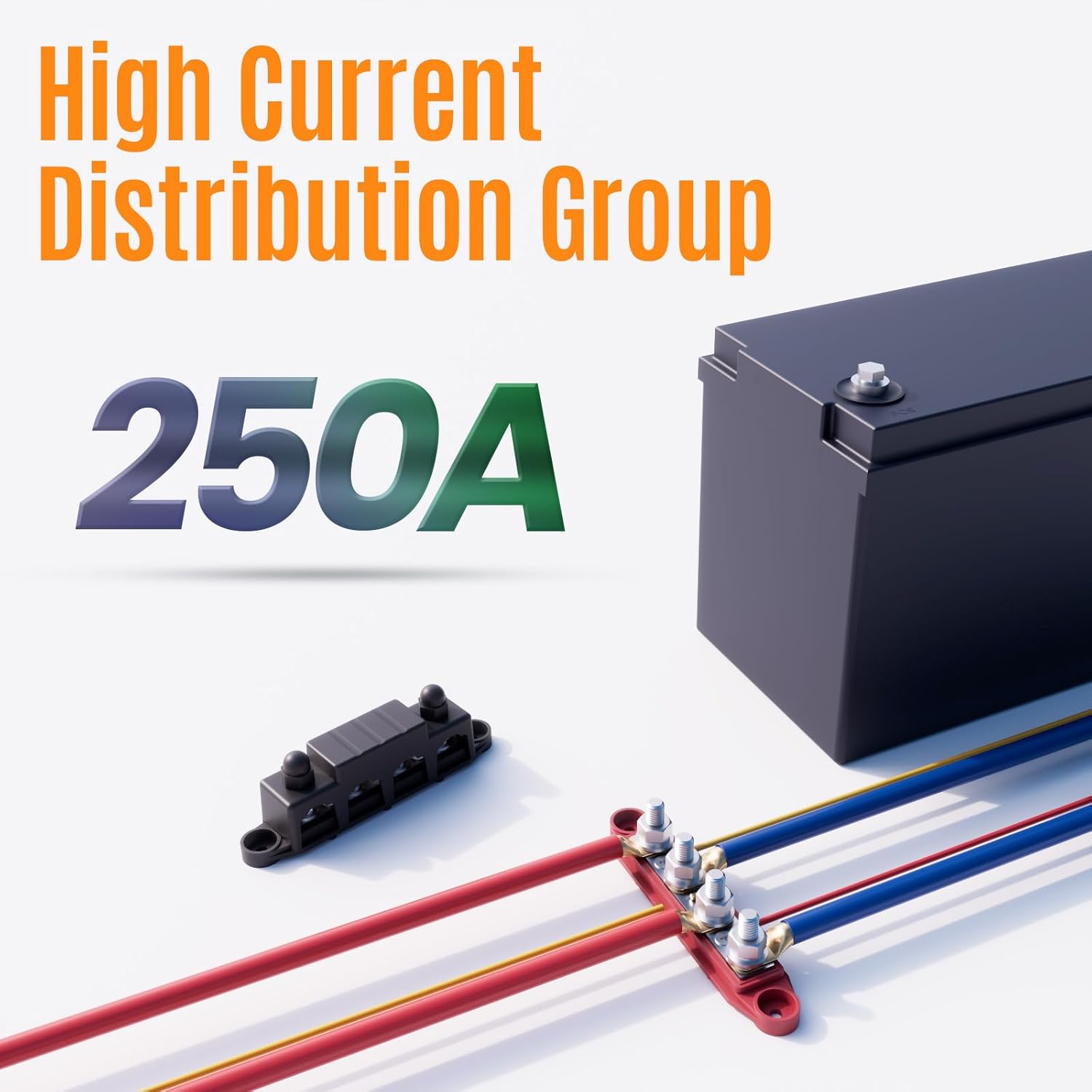 Power Distribution Terminal Block, 250A, 12V, 4 Positions, IDC Connector, Red, Nylon, 48V DC, 8 Poles, AWG 4 Gauge, DIN Rail Mount
