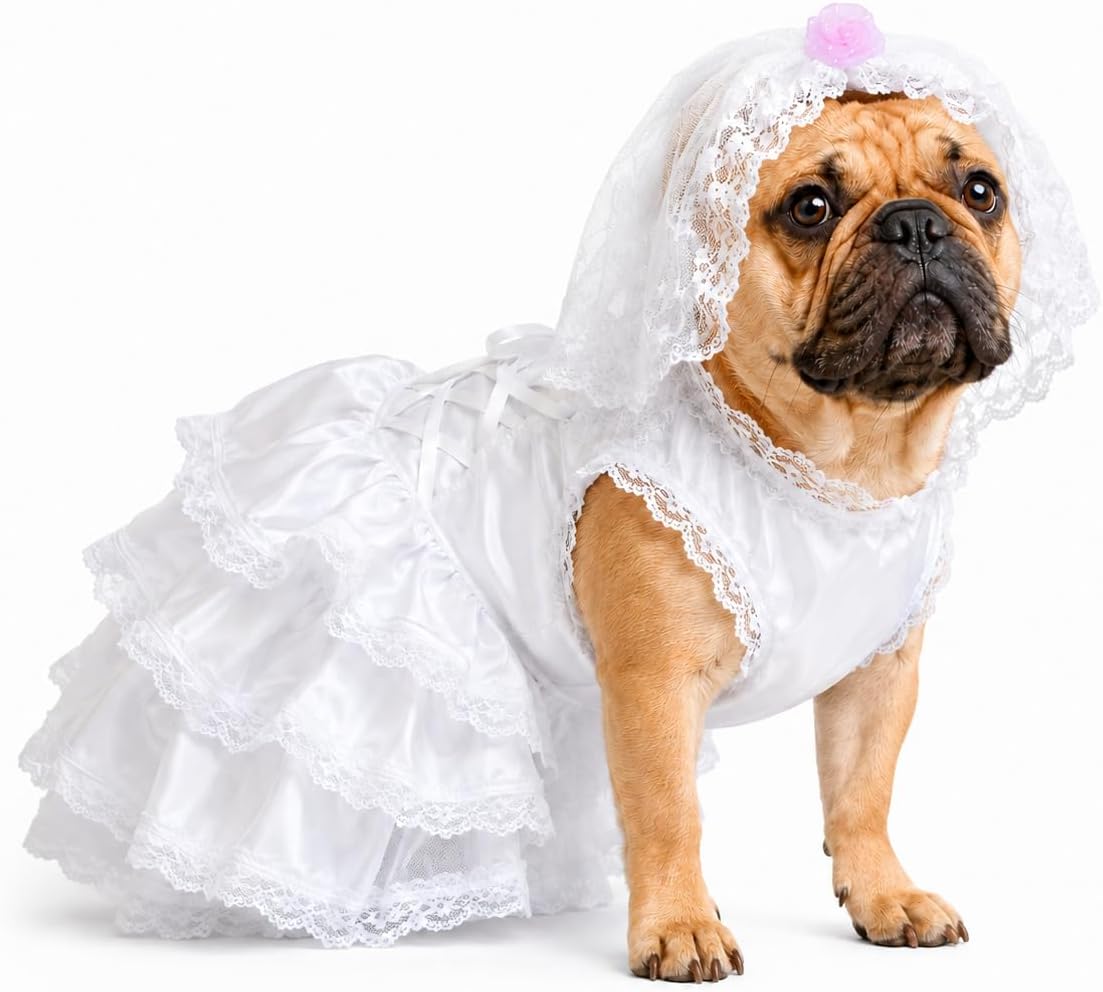 Dog Wedding Dress with Head Pieces, Luxury Lace Dog Bride Costume Soft Comfortable Dog Wedding Party Dress Bride Pet Apparel for Small Medium Large Dogs White XL