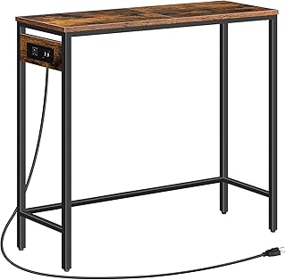 HOOBRO Narrow Console Table with Power Outlets, 29.5" Small Entryway Table with Charging Station, Thin Sofa Table, Side Table, for Hallway, Bedroom, Living Room, Rustic Brown and Black BF75UXG01