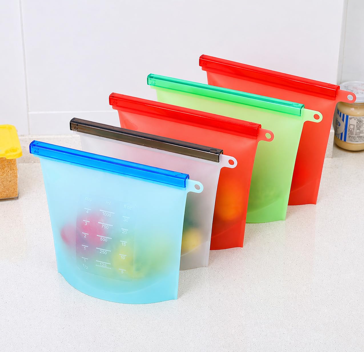 VOLCANO 1000 ML Pack of 5 Silicone Food Storage Bag Containers | Airtight Seal Leakproof Freezer Bags for Snack, Sous Vide, Liquids, Fresh Lunch Preservation, Microwave & Dishwasher Safe(Multicolour)-image-11