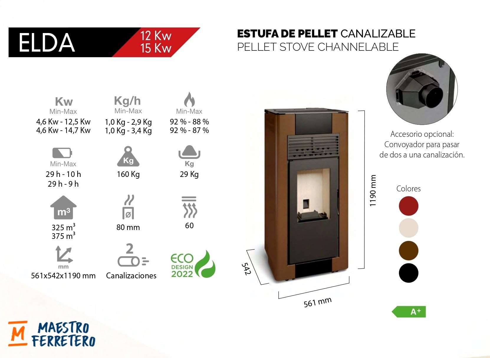 TJ - Estufa de Pellets Canalizable Modelo ELDA de 15 kW - Color NEGRO