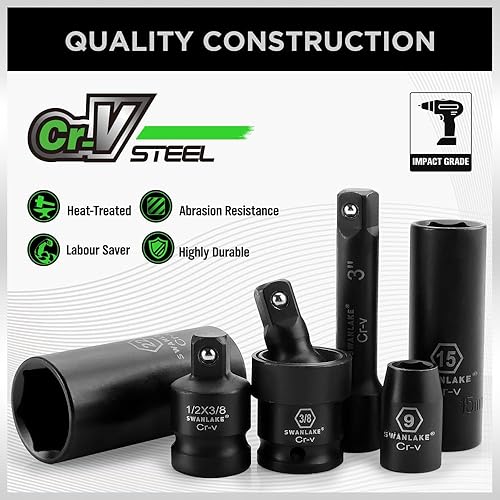 Miniatura 48 de SWANLAKE - Juego de 9 llaves de impacto métricas de 1/2 pulgada, tuerca de eje de husillo, 1.142 in-1.496 in, CR-V