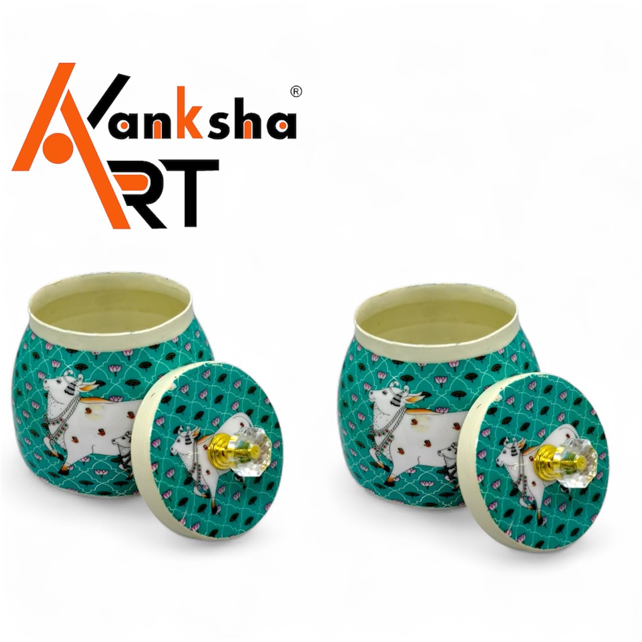 Akanksha Arts, Decorative Metal Storage Boxes, Cyan and cream, Pichwai Art Design, 10.16 cm Height, with Crystal Knob Lid, Dry Fruit Container, Set of 2 4