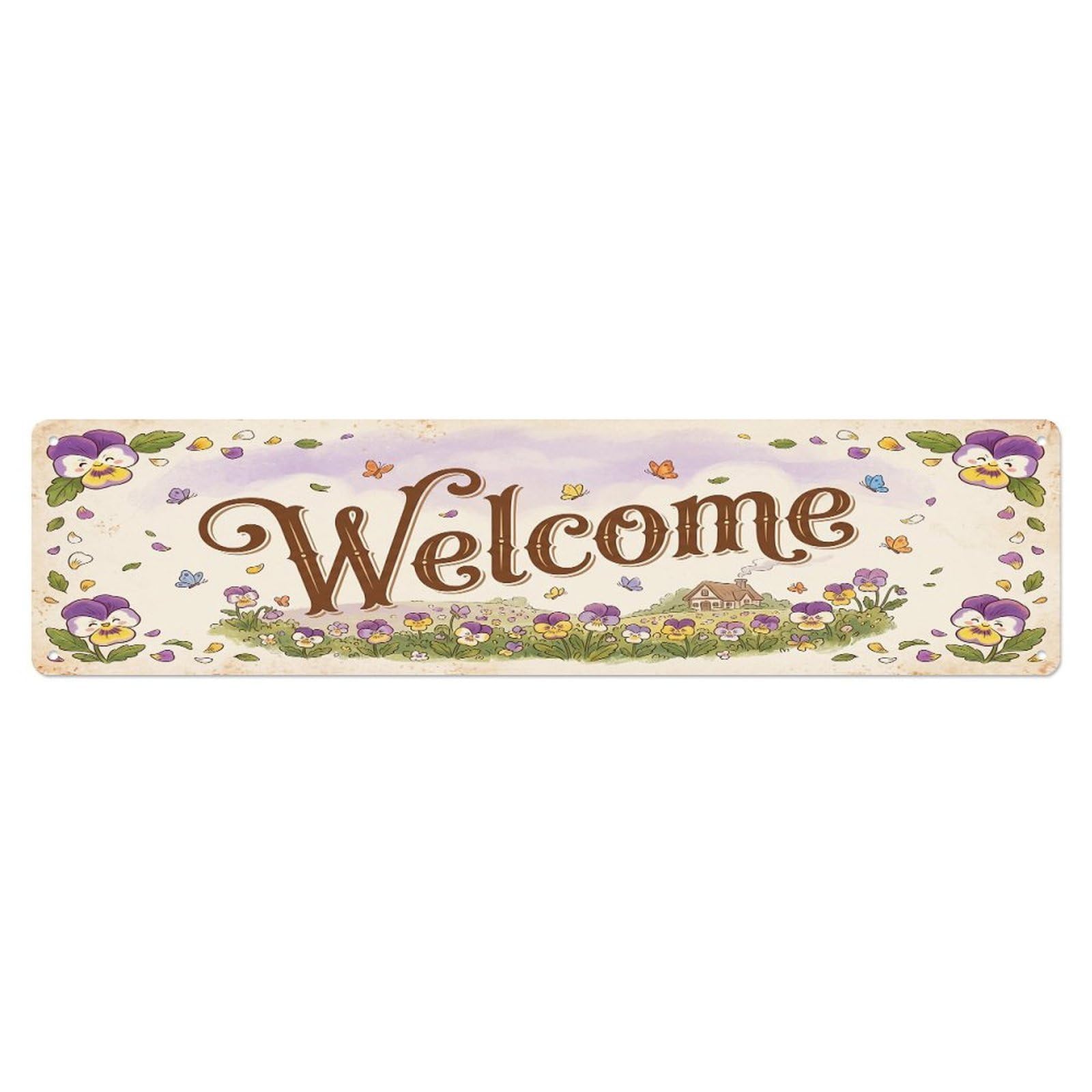 Cxhjca 4X16inch(10X40cm) Vintage Welcome Pansy Cheerful Metal Tin Sign