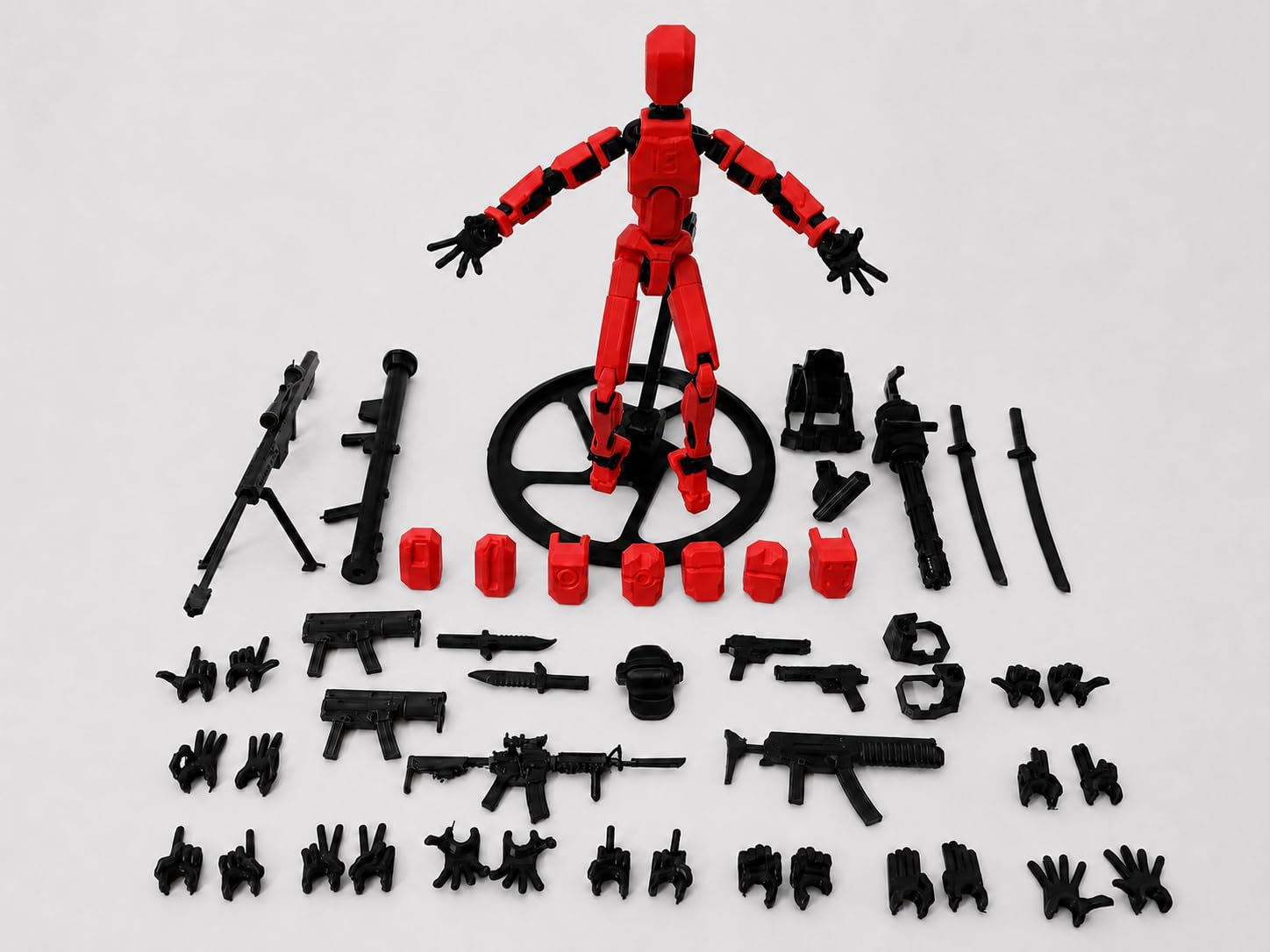 Dummy 13 Action Figure, Red, Fully Poseable with Adjustable Stand, 8 Interchangeable Heads, 12 Pairs of Hands, and Equipment Accessories-picture-15