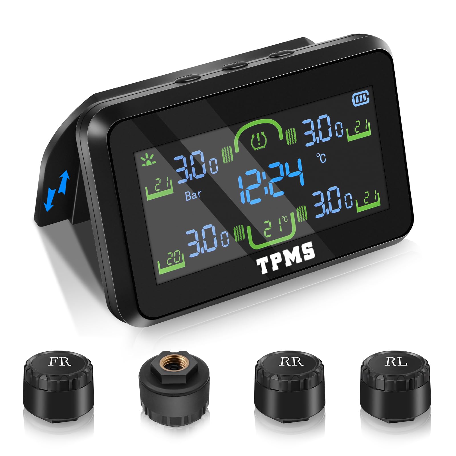 TPMS di Monitoraggio della Pressione dei Pneumatici Staccabile Ricarica Solare Wireless Sistema di Monitoraggio con Allarme, 4 Sensori, 22-87Psi Display Dell'ora per Camper Van Auto | 4 sensori di pressione degli pneumatici impermeabili, 5 allarmi,Autovet
