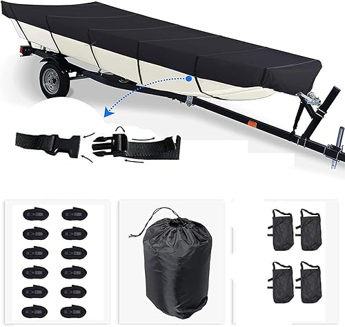 Miniatura 6 de Jon - Funda impermeable para barco de 14 pies, versión mejorada con accesorios de fijación adicionales, sin acumulación de agua, color negro