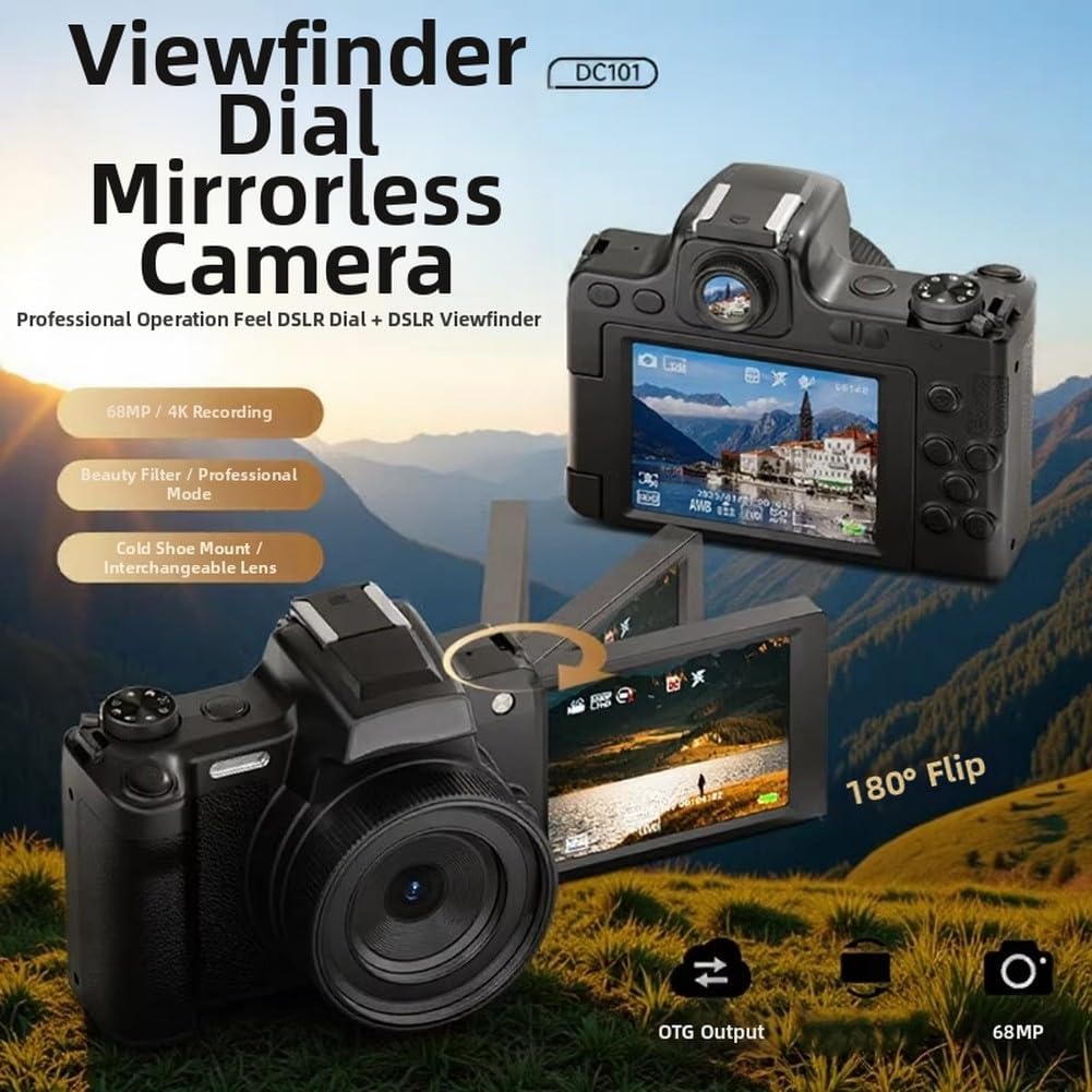 ZYWUOY Fotocamera digitale da 68 MP, videocamera HD con schermo flip e mirino, modalità bellezza per vlogging selfie fotografia di viaggio nera