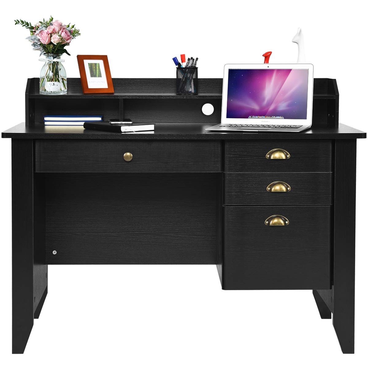 Catrimown Computer Desk with Drawers and Hutch, Vintage Wood Home Office Desk Writing Study Teens Student Desk PC Laptop Table, for Small Spaces, Black