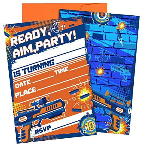 MSNOR 30 packs Dart War Invitations Birthday Party Supplies Blaster Nerf Gun Battle Theme Party Invitations with 30 Orange Envelopes for Boy Kids Dart War Nerf Party Decorations Supplies Favor