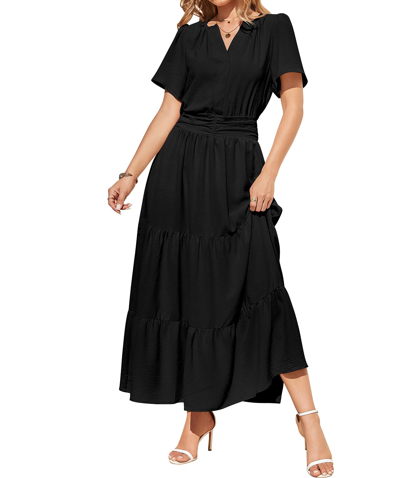 Robe midi maxi pour femme - Manches courtes - Col en V - Taille élastique - Robe de plage bohème - Robe longue fluide pour les invités de mariage