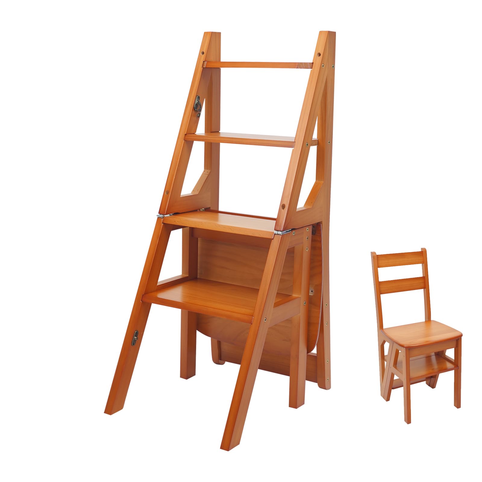 Pine Wood Folding Ladder, 4 Step Ladder, 2-in-1 Folding Ladder and Chair, 35 x 46 x 90 cm, with Safety Lock, for Kitchen, Home, Libraries (Wood)