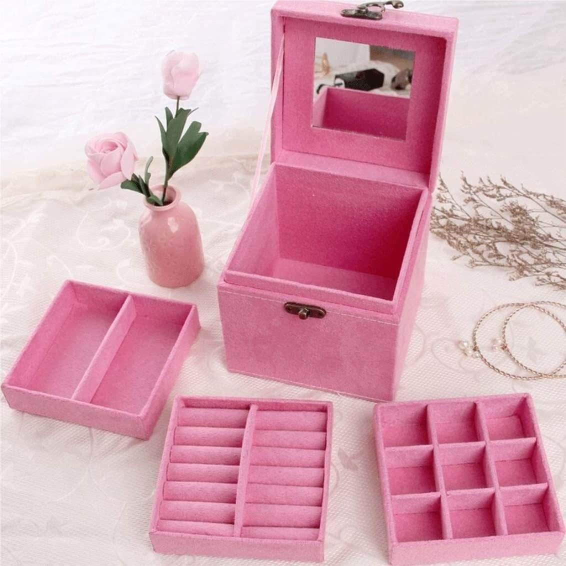 Portable Wood Jewelry Box Organizer with 3 Layers – Elegant Rose Red Jewelry Storage Box for Necklaces, Bracelets, Rings, Earrings – Compact Jewelry Case for Bedroom and Travel (12x12x12cm) (Ros image 5