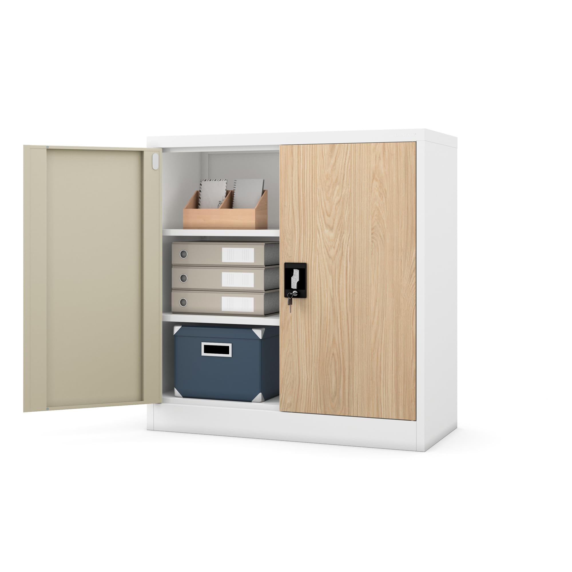 Jan Nowak Kleiner Aktenschrank C001B Büroschrank Metallschrank Aufbewahrungsschrank 2 Verstellbare Fachböden Pulverbeschichtet Abschließbar 92,5 cm x 90 cm x 40 cm (Weiß-Holzoptik)