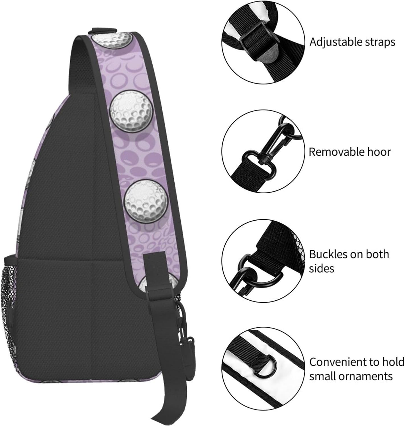 Ball Print Sling Bag White Golf Balls on Purple Background Crossbody Backpack Cute Sports Ball Pattern Chest Shoulder Bag Casual Gym Sports Travel Hiking Daypack for Women Men - Image 5