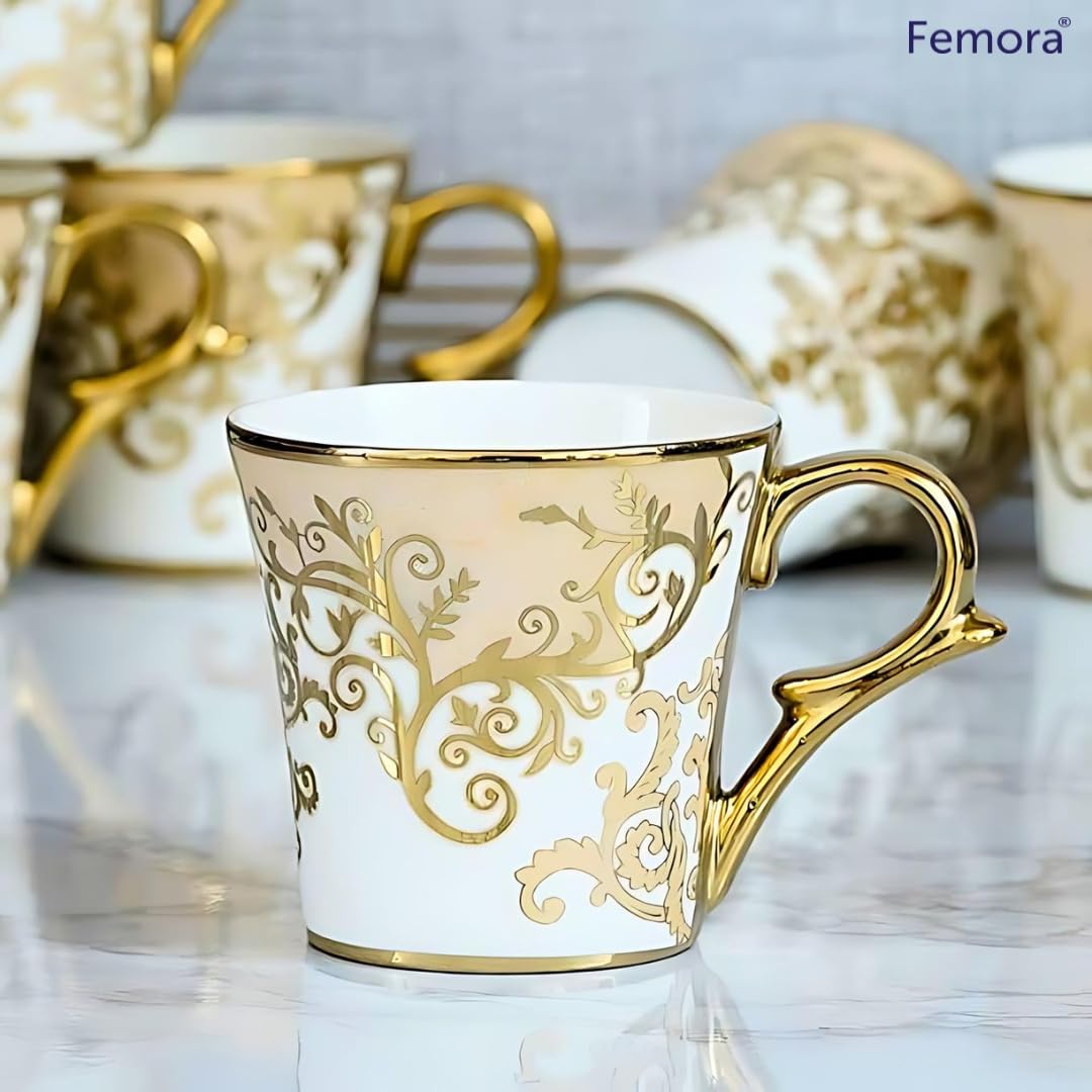 Femora Premium Floral Gold Line Ceramic Coffee & Tea Cup | Finest Premium for Tea/Coffee/Hot Drinks | Set of 4 | Capacity- 160 ML |(Not Microwave Safe) 4