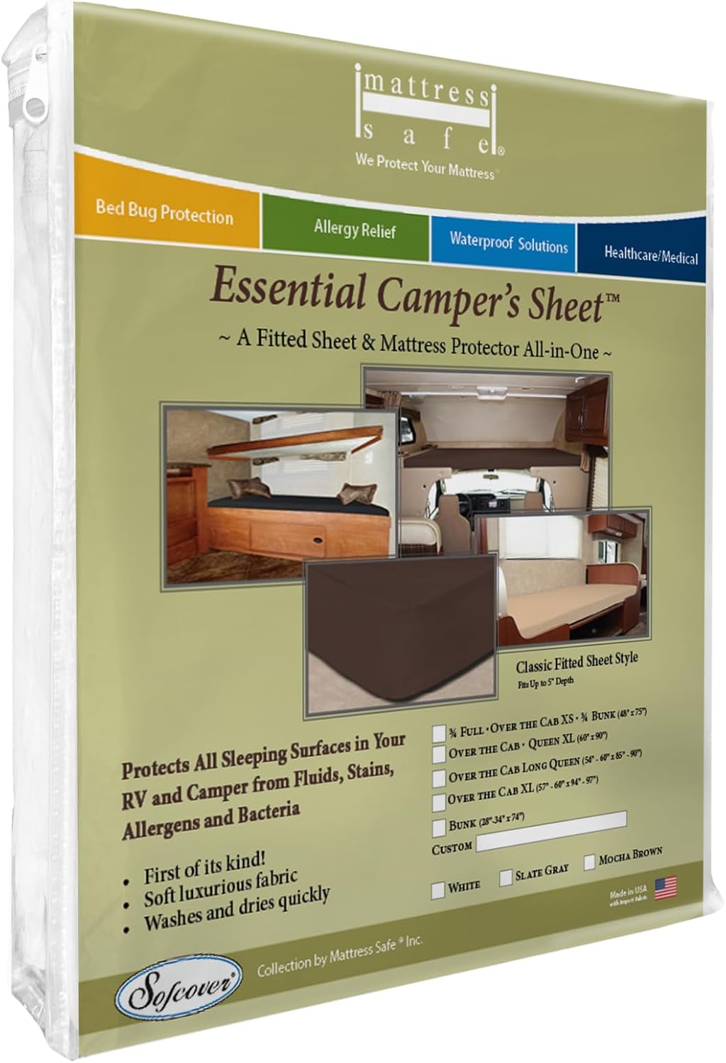 Mattress Safe® The Essential Camper's Sheet Bunk (32"– 34" x 74") Fitted Sheet & Mattress Protector All-in-One for RV and Campers, Breathable, Protective