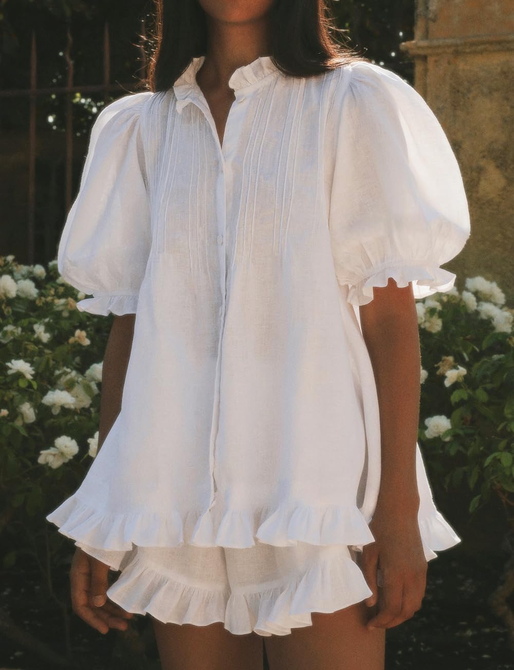 Women Ruffle 2 Piece Sets Fashion Puff Sleeve Button Down Shirts and Shorts Cotton Pajamas Sets