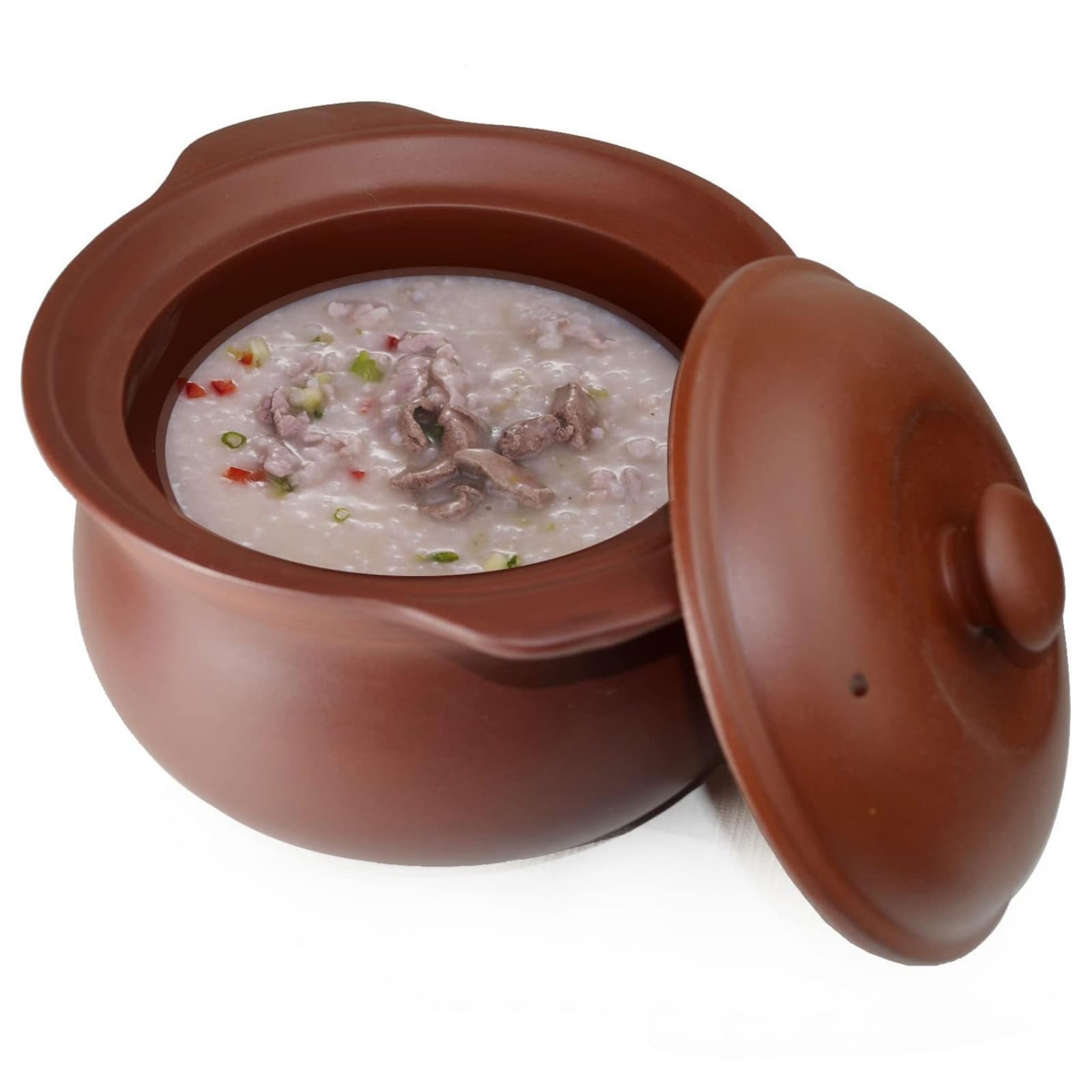 Olla de barro de 3 l con tapa para sopa, guisada a fuego lento, sin esmaltar, apta para microondas y horno.