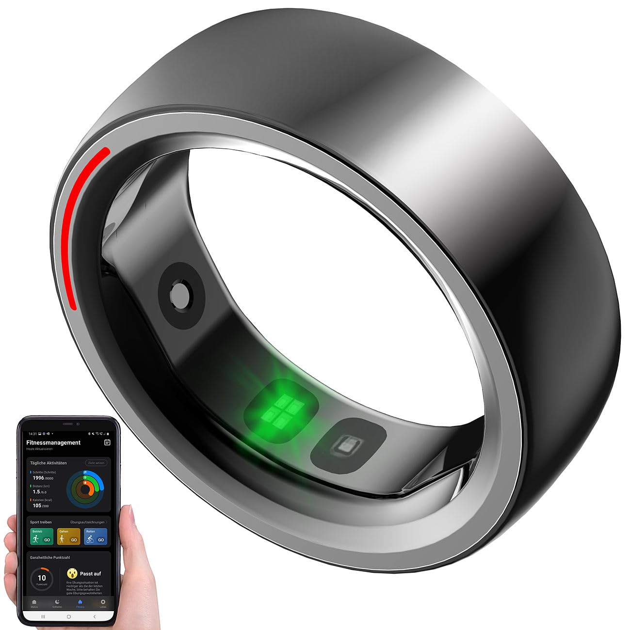 Bague connectée fitness coloris noir – Taille 8 (US) / 57-58 (FR) [Newgen Medicals]