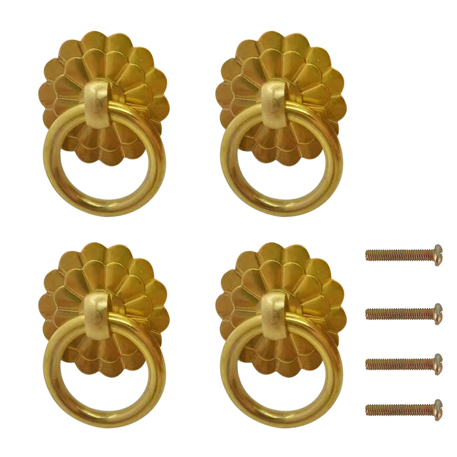 4 Pieces Antique Brass Ring Pulls Handle, Vintage Drop Ring Knobs with Screws for Kitchen Cabinets Wardrobe Drawer Furniture (Gold)