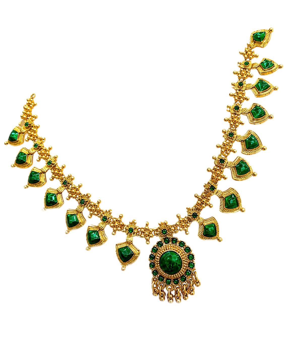 KERALA STYLE Traditional ONAM Gold-Toned Green enameled Necklace and Earrings Set | BEST SUIT FOR KASAVU AND ONAM SAREE-image-31