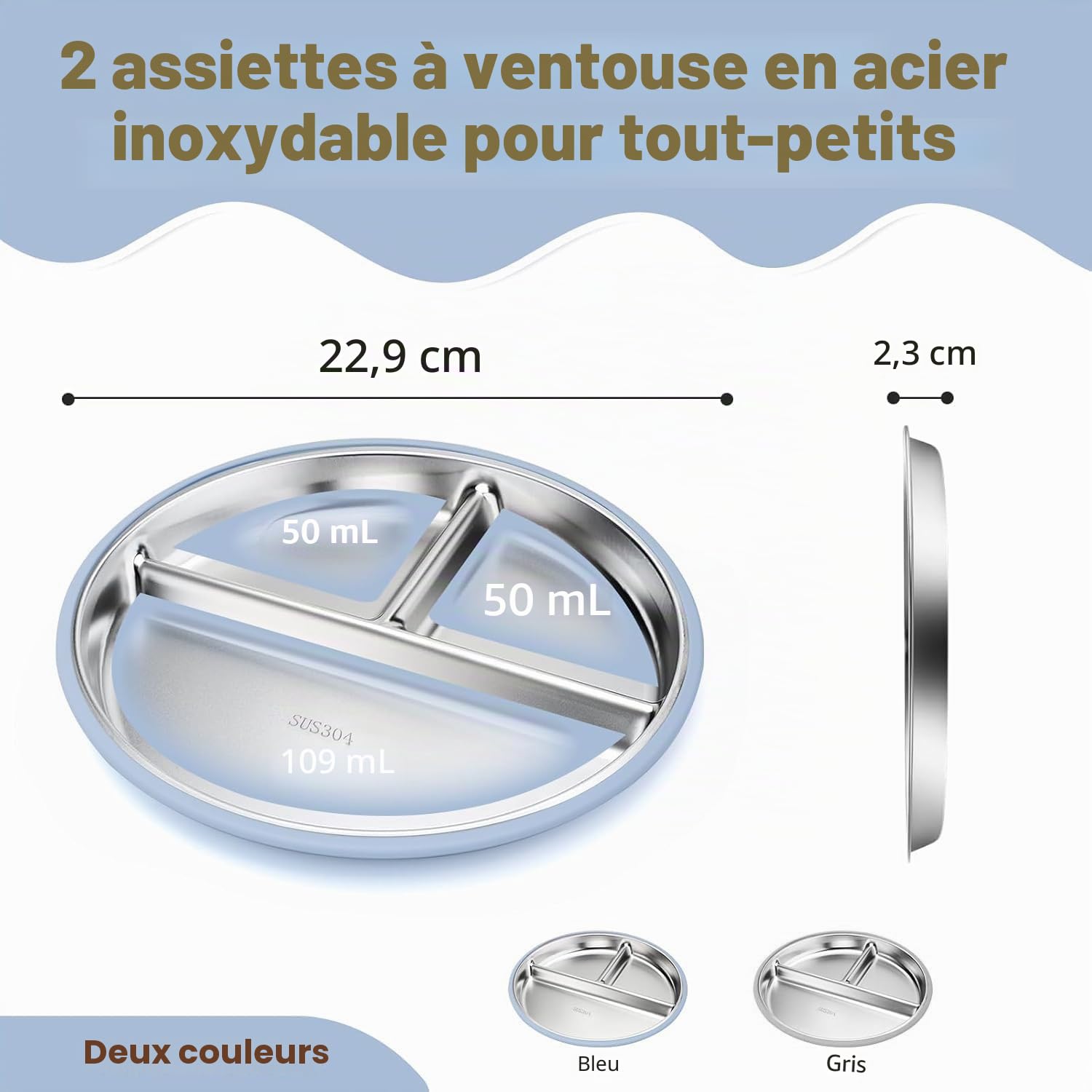 Set De 2 Assiettes En Acier Inoxydable Avec Ventouse Pour Bébé Et set De 1 Cuillères Et Fourchettes, Repas Antidérapant pour Bébé, non toxique et sans BPA