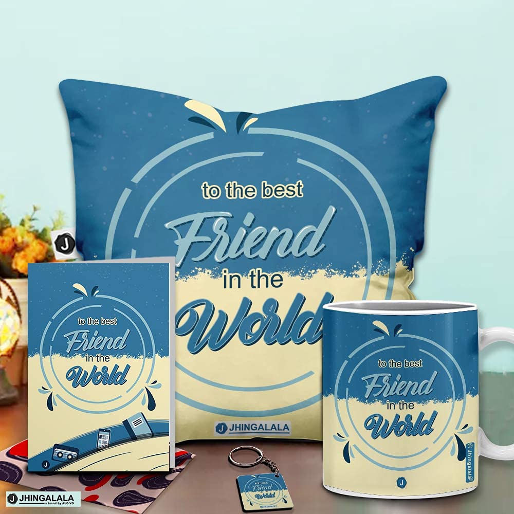 Jhingalalato The Best Friend in The World Printed Cushion Cover with Filler Mug Key Chain and Greeting Card Combo Gift Pack Gift for Friends, Friendship Day Gifts for Best Friend