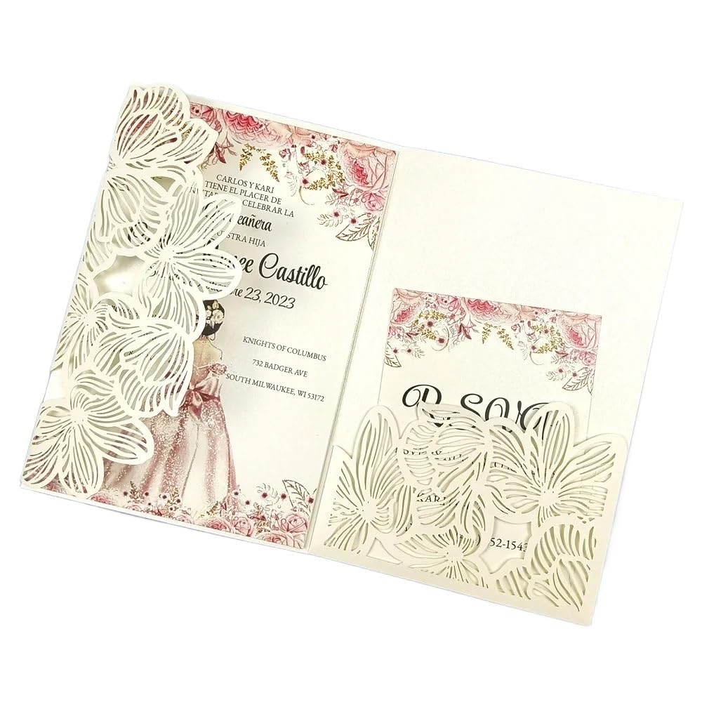 Hochzeitseinladungen 50 lasergeschnittene dreifach gefaltete Hochzeitseinladungskarten mit grünen und blauen Blättern, personalisierte Blatttasche, Einladungshülle(Ivory2,Laser Cover only)