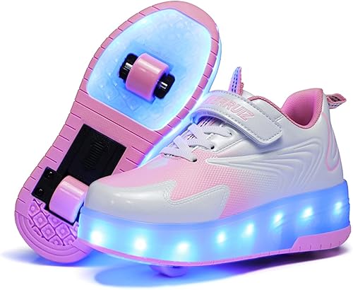 Ehauuo - Zapatos de dos ruedas con luces recargables, con ruedas retráctiles, tenis unisex con LED intermitentes para Niñas Niños, Principiantes,