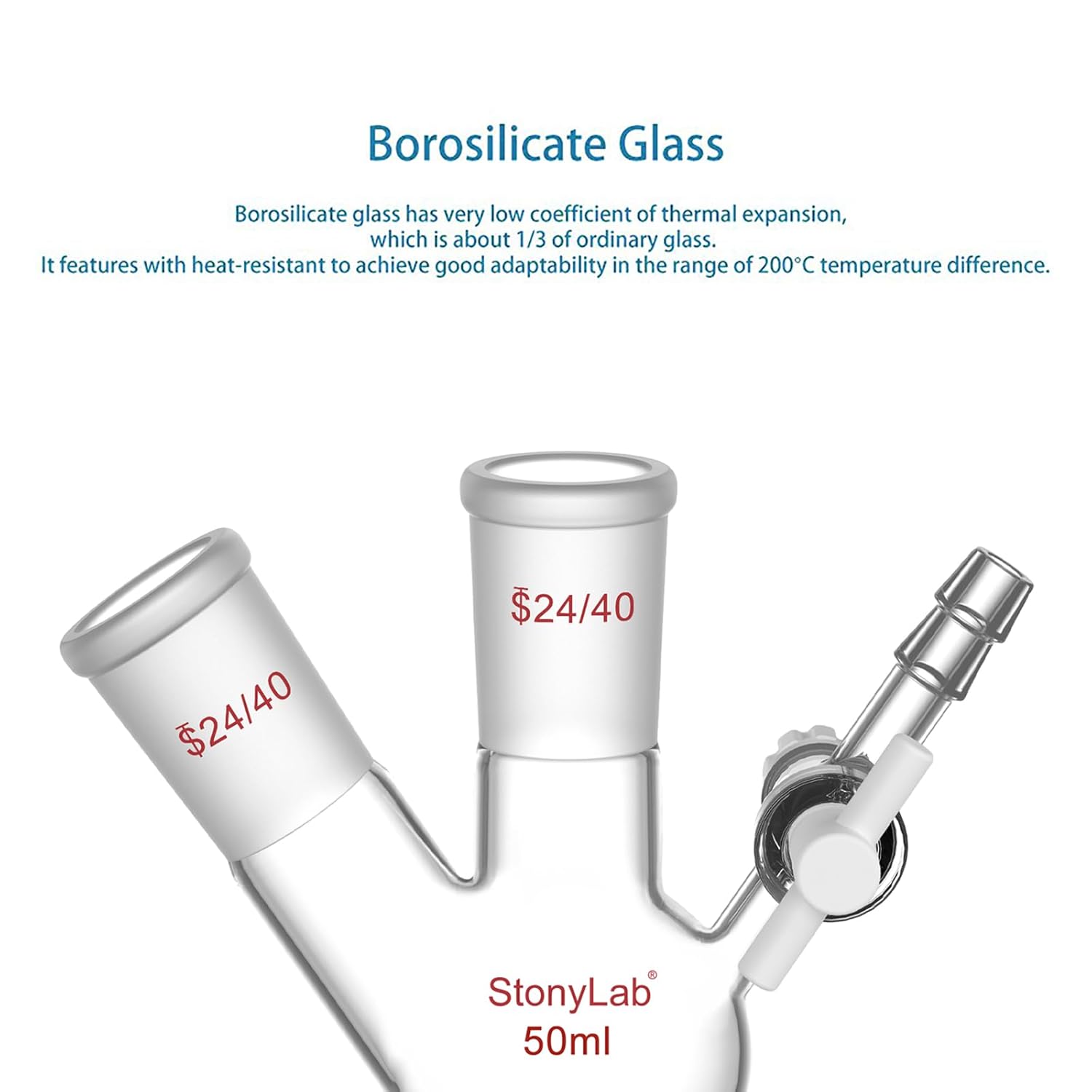 stonylab 2 Neck Reaction Flask, Round Bottom Vessel with PTFE Stopcock Valve and 24/40 Joints, for Laboratory Reactions (50 mL Capacity)