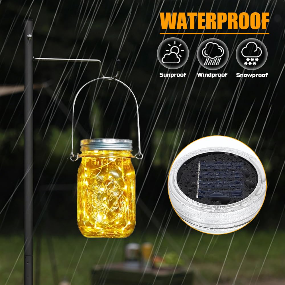 6 luci solari di ricambio, 30 LED Mason Jar, lanterna solare per esterni, con ganci, impermeabili, con coperchio per barattoli, per giardino, terrazza, balcone, feste