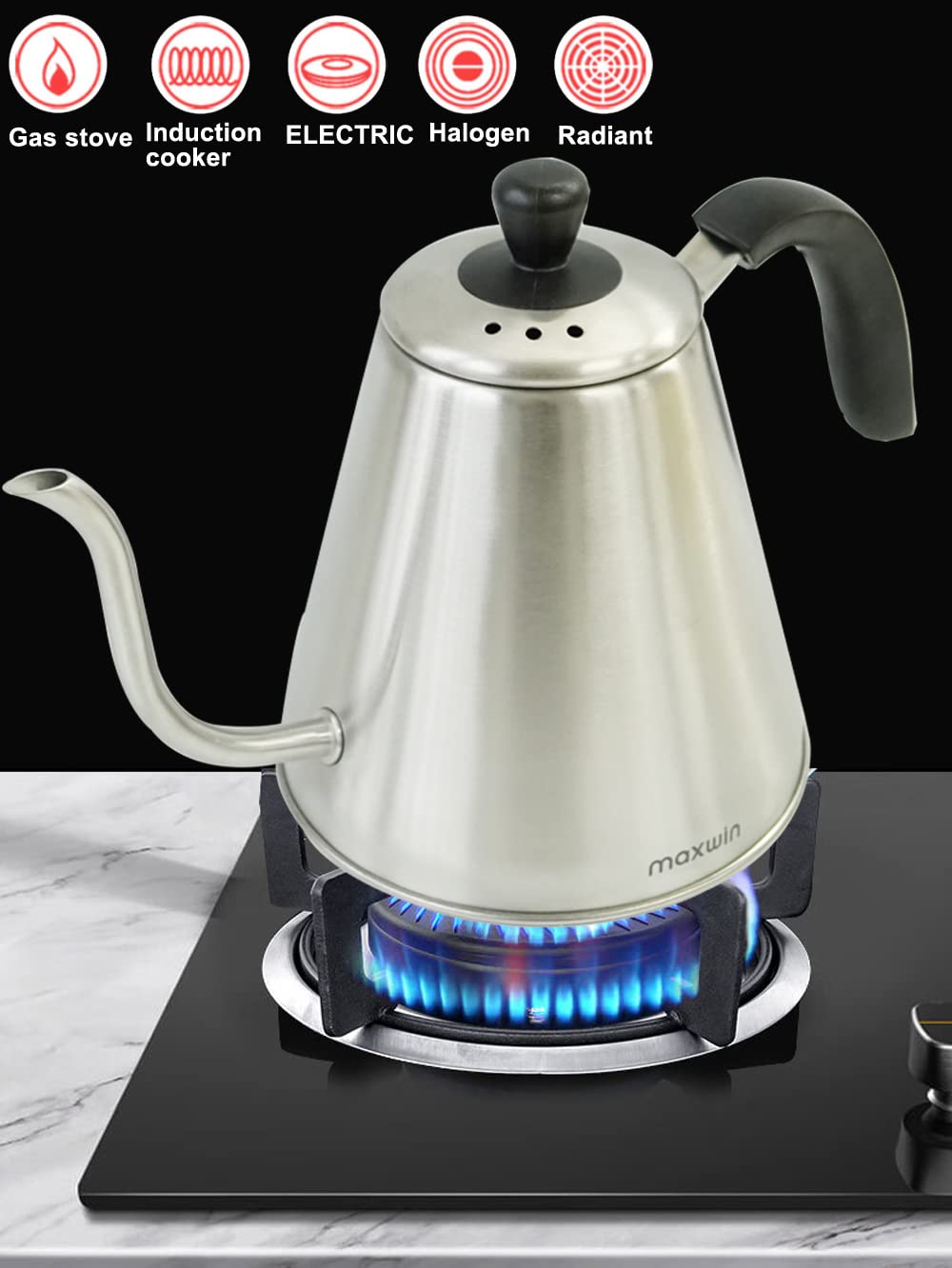 MAXWIN Bollitore a Collo d'oca in Acciaio Inossidabile per Caffè e Tè,Bollitore di Classe per Caffè con Beccuccio Lungo 1L - Acciaio Inossidabile di Qualità(AS-97E)