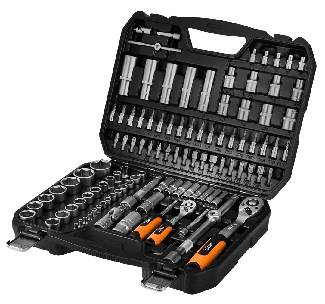 NEO TOOLS Juego de 110 llaves de vaso universales de 1/2" y 1/4" de acero al cromo vanadio con 72 dientes finos, incluye insertos Torx, tuercas hexagonales