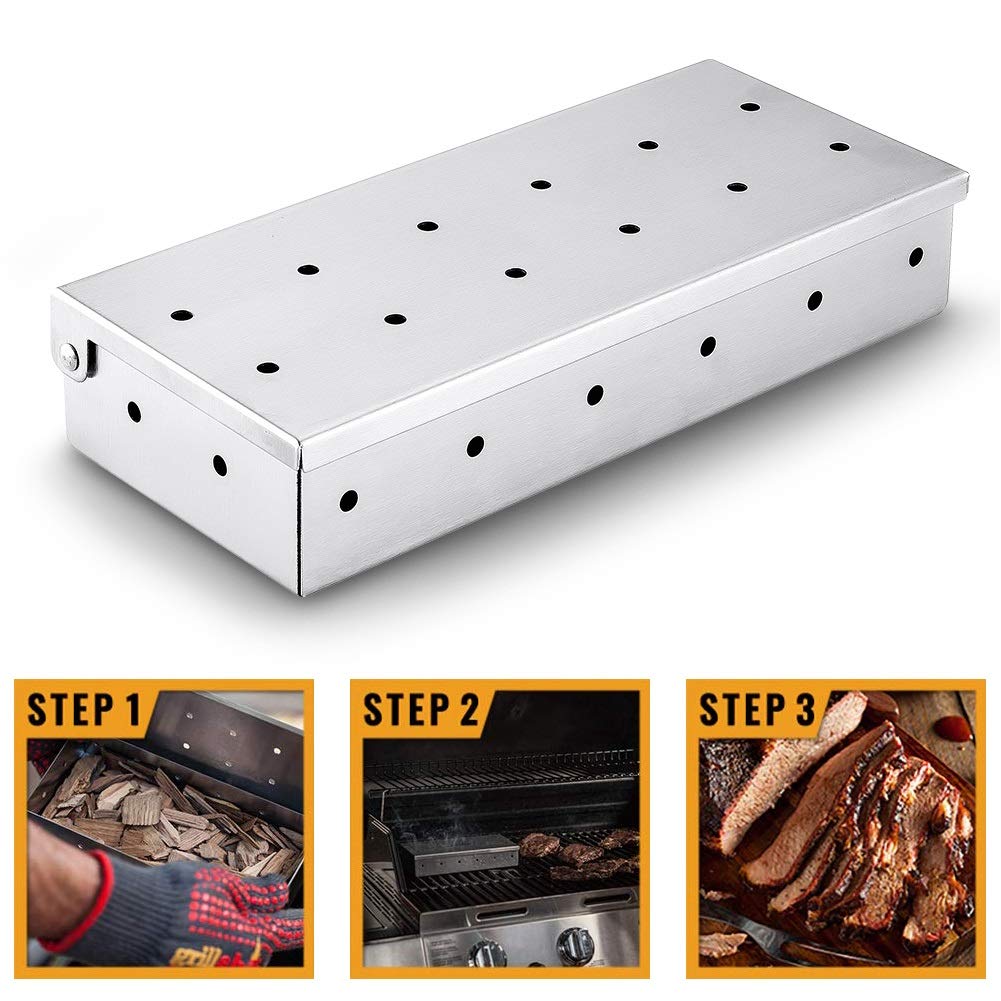 Accesorios para barbacoa, caja para ahumar barbacoa, caja para ahumar de acero inoxidable, caja para ahumar con virutas de madera para el hogar, cocina a la parrilla