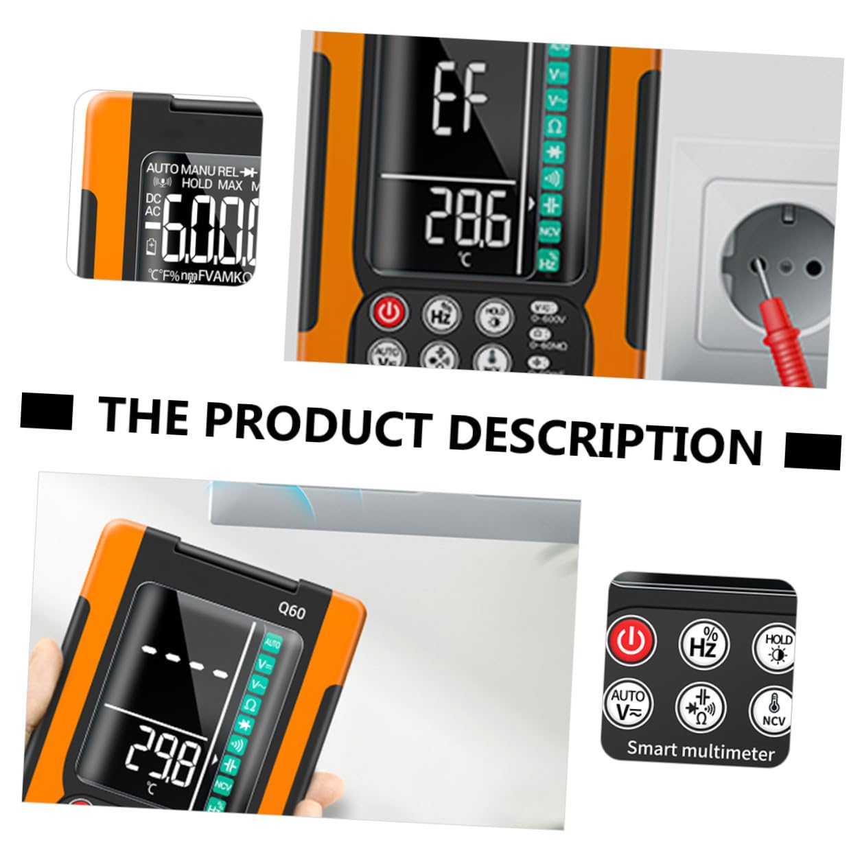 Q60 Portable Digital Multimeter with Auto Ranging, Ncv Non-Contact Voltage Tester, True Effective Value, Diode and Continuity Testing, Backlit LCD, Data Hold, Auto Power Off –