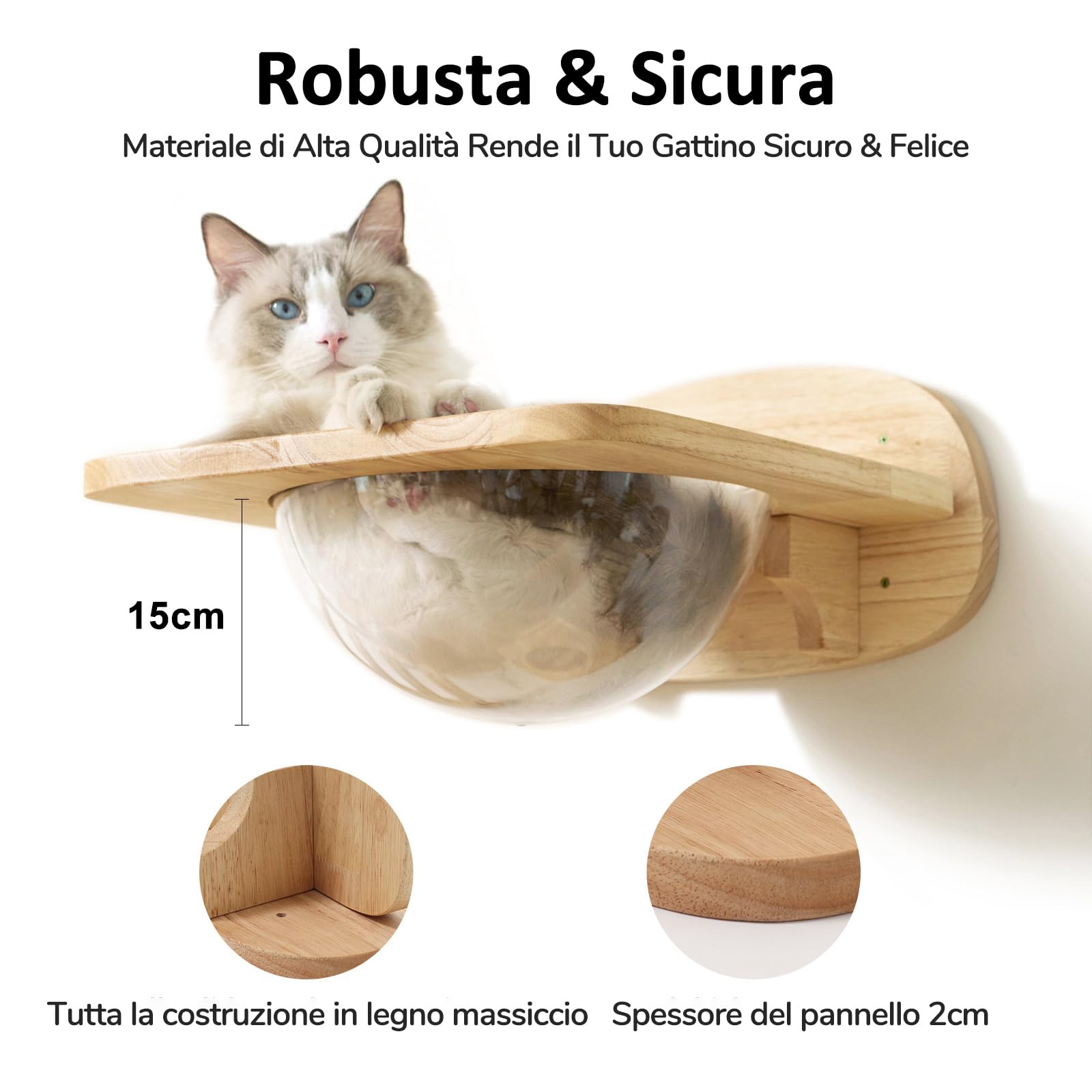 FUKUMARU Kit Parete per Gatti, Mensole da parete in Legno Massello, Cuccia a Capsula Trasparente, 2 Ripiani per Arrampicata, Spazio Multifunzionale per Scalare e Riposare. Portata 16KG.
