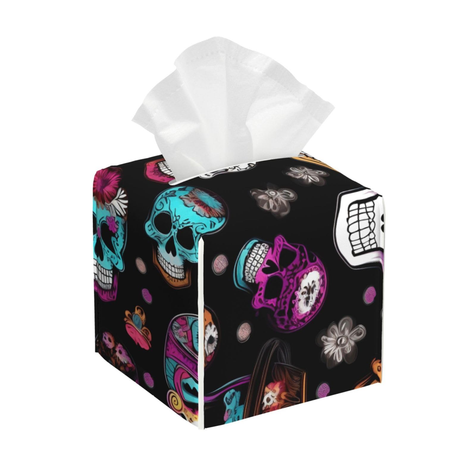 Sugar and Skulls Style Print Tissue Box Cover Leather Holder Square Facial Paper Organizer Dispenser