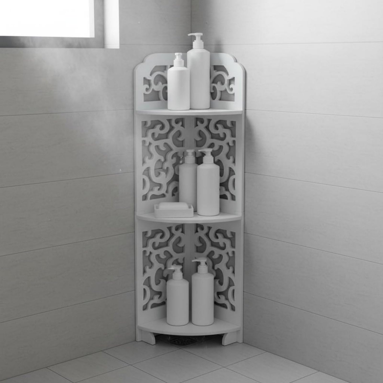 Amagogo Étagère d'Angle Salle de Bain Étagère de Meuble de Rangement Support à Trois Étagères PVC sans Outil Adaptée à Salle de Bain Salon Balcon, Étagère D Angle En X De 80 Cm De Haut