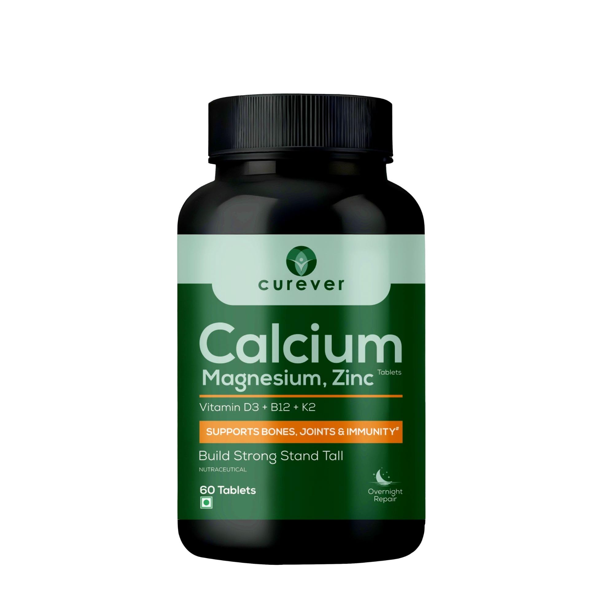 Curever Calcium Magnesium Zinc Tablets with Vitamin D3, B12 & K2 | Bone Strength, Muscle Function & Immunity Support | M