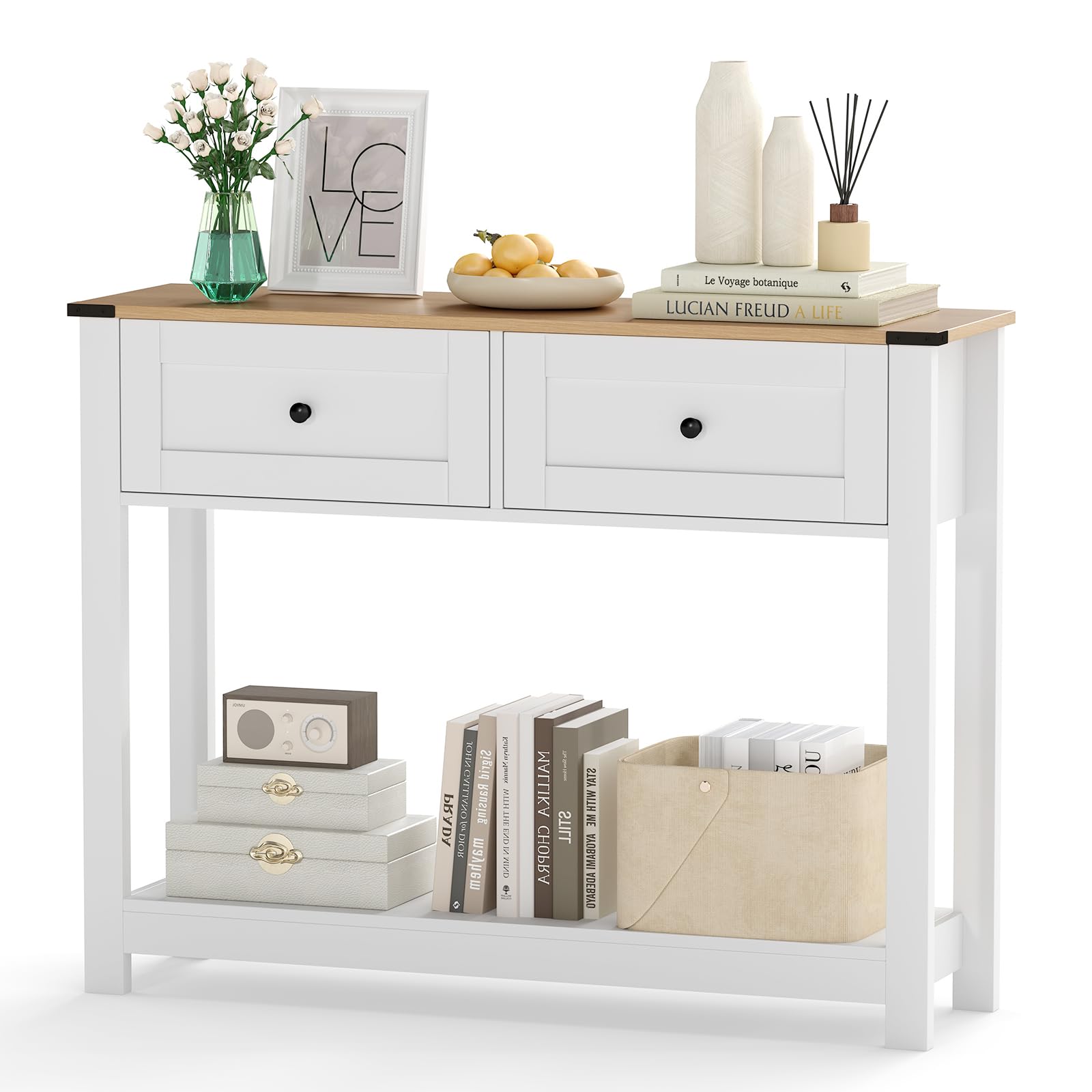 SOARS Tavolo Consolle Bianco 106 x 30 x 81,5 cm, Consolle Ingresso con 2 Cassetti e Ripiano Aperto, Tavolino Slim Salvaspazio Moderno per Soggiorno, Corridoio e Camera da Letto