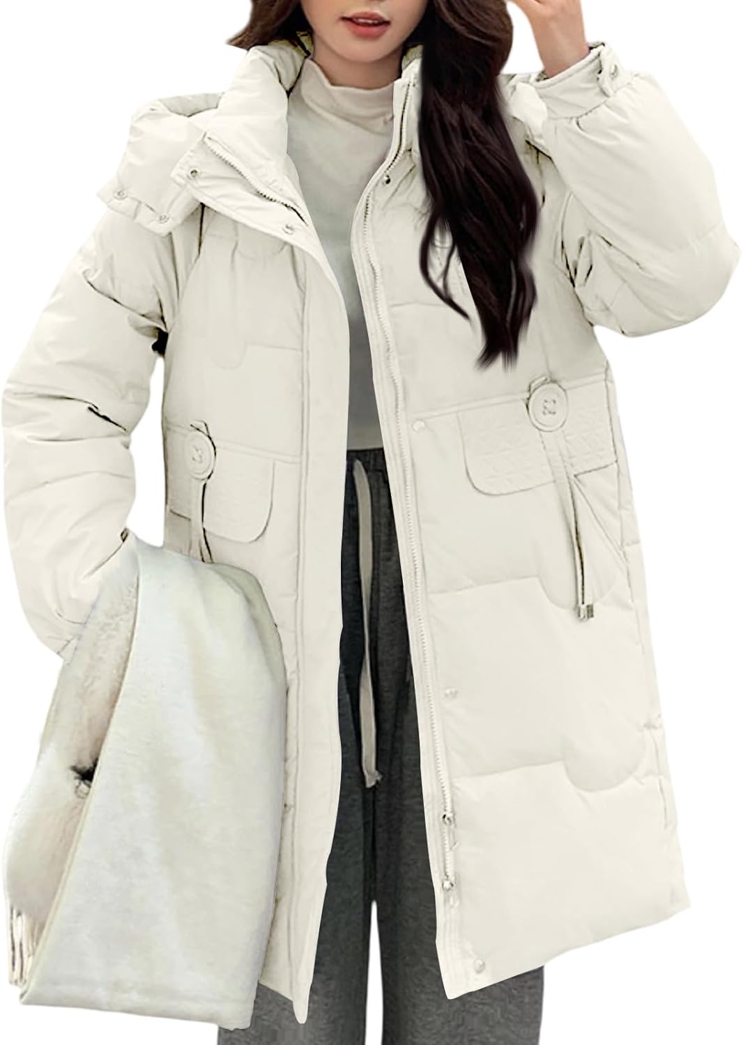 Long Winter Puffer Coat for Women Trendy Warm Jacket with Hood Multiple Colors Outwear
