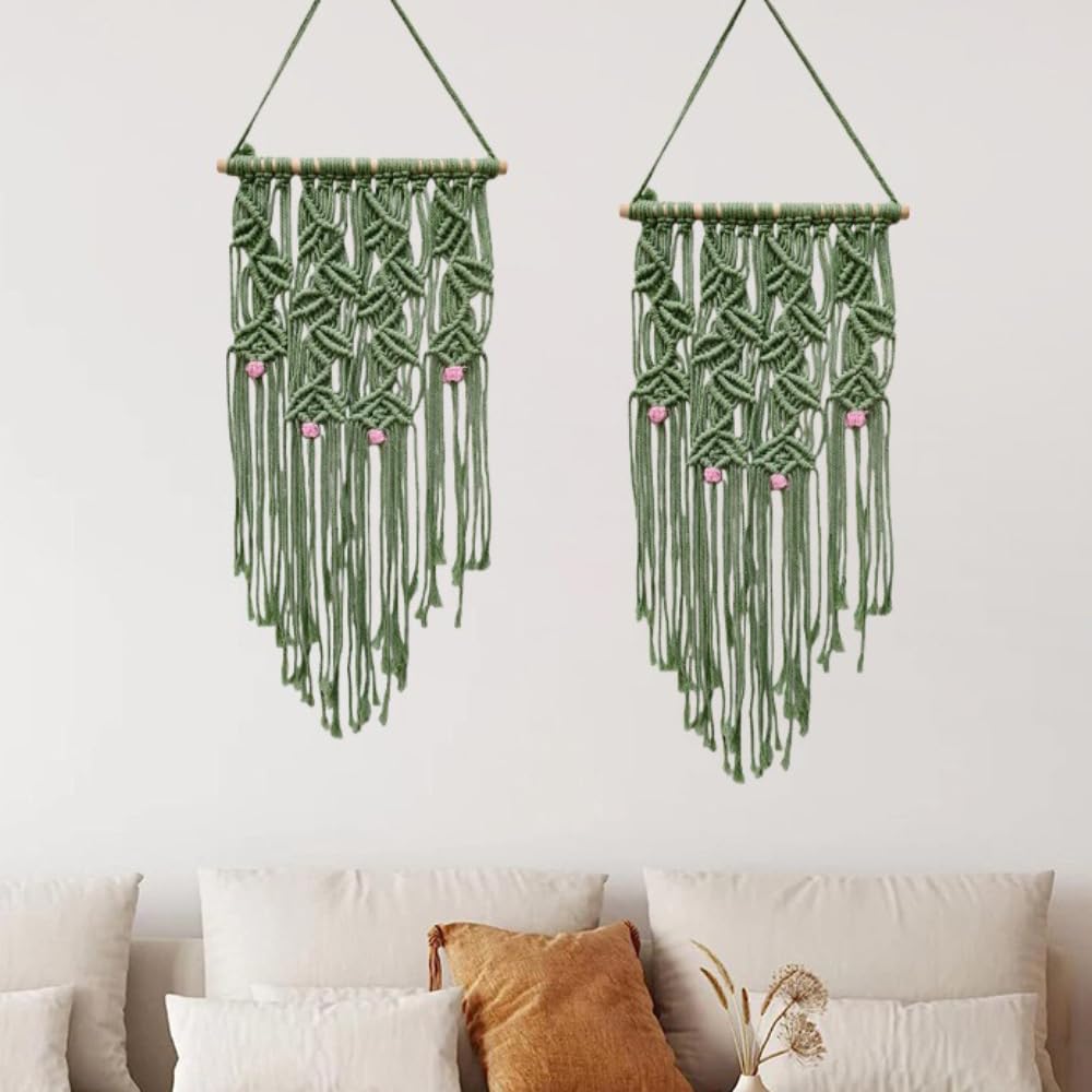 Arazzo da parete in macramè in corda di cotone, 85 x 30 cm, stile boho, con asta di legno, decorazione da parete per camera da letto, soggiorno, appartamento, tenda da parete, 2 pezzi, verde