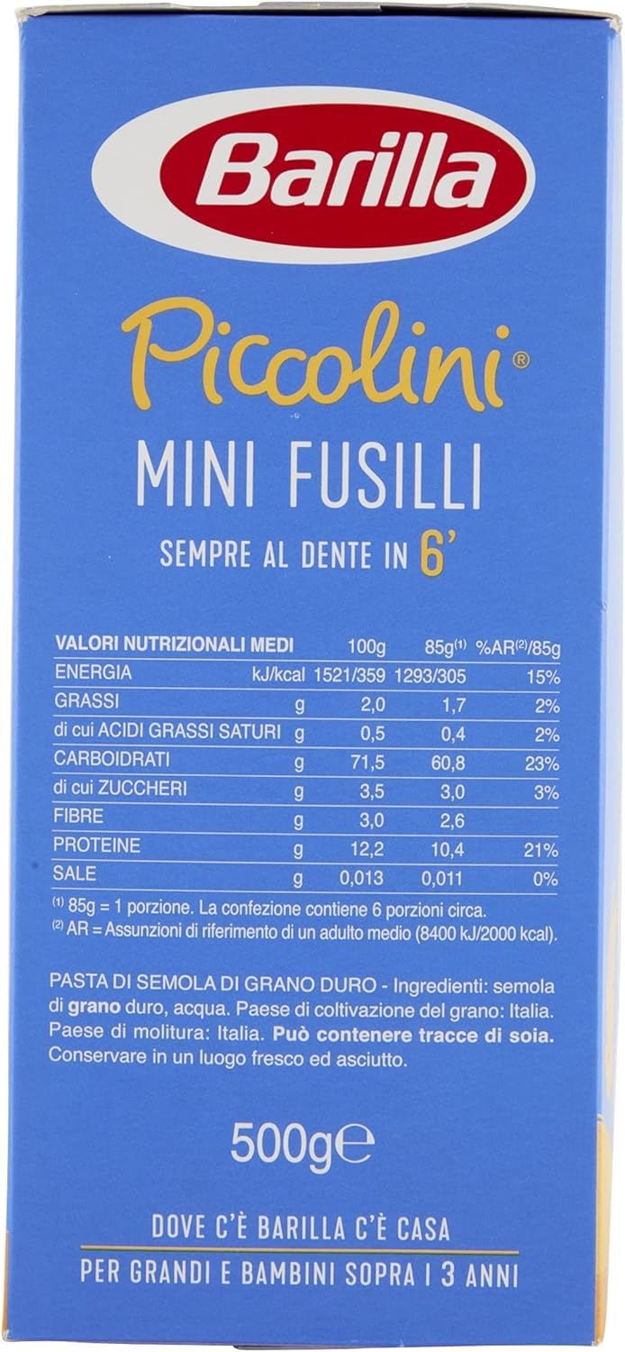 20 pastas Barilla Mini Fusilli, 100% italiana, 500 g + Polpa italiana Gourmet 400 g